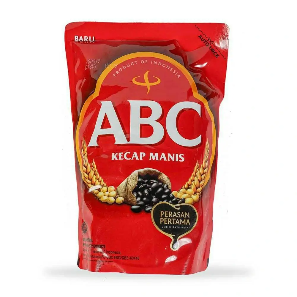 ABC Kecap Manis Indonesian sweet soy sauce in red pouch packaging with wheat and soybean