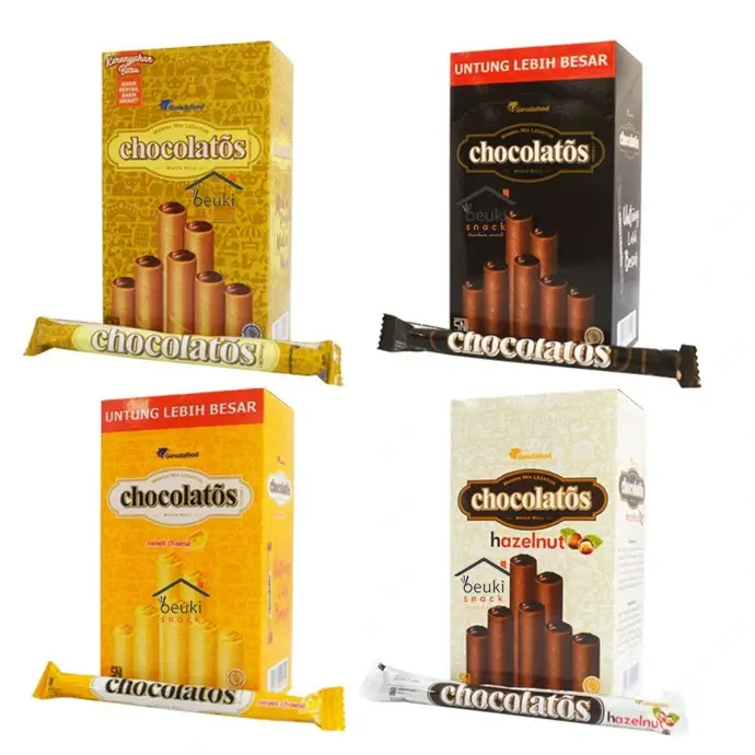 Chocolatos brand wafer rolls assorted flavors chocolate, dark chocolate, cheese and hazelnut cream filled snacks with their packaging boxes.