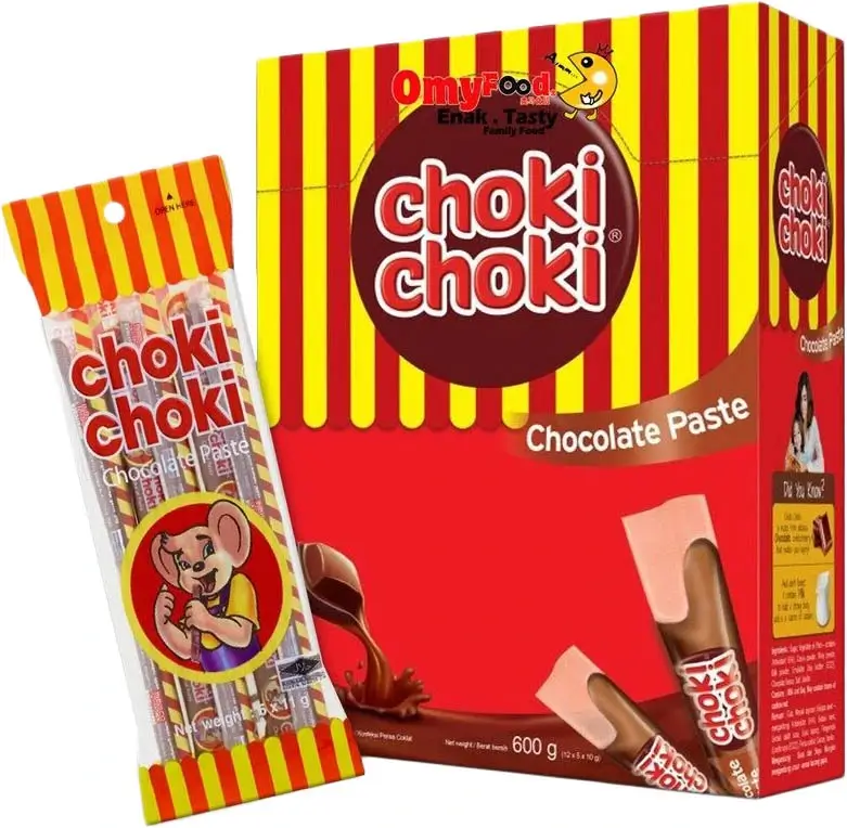 Choki Choki chocolate paste tubes display box featuring mouse mascot with individual tubes red yellow striped packaging
