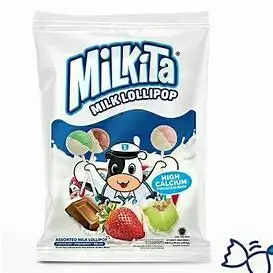 Milkita brand milk candy lollipop refill pack with cartoon cow character and multiple flavors