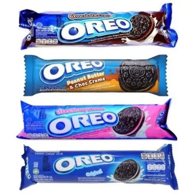 Oreo sandwich cookies in four flavor varieties original, chocolate cream, peanut butter & choc creme and strawberry cream in blue packaging