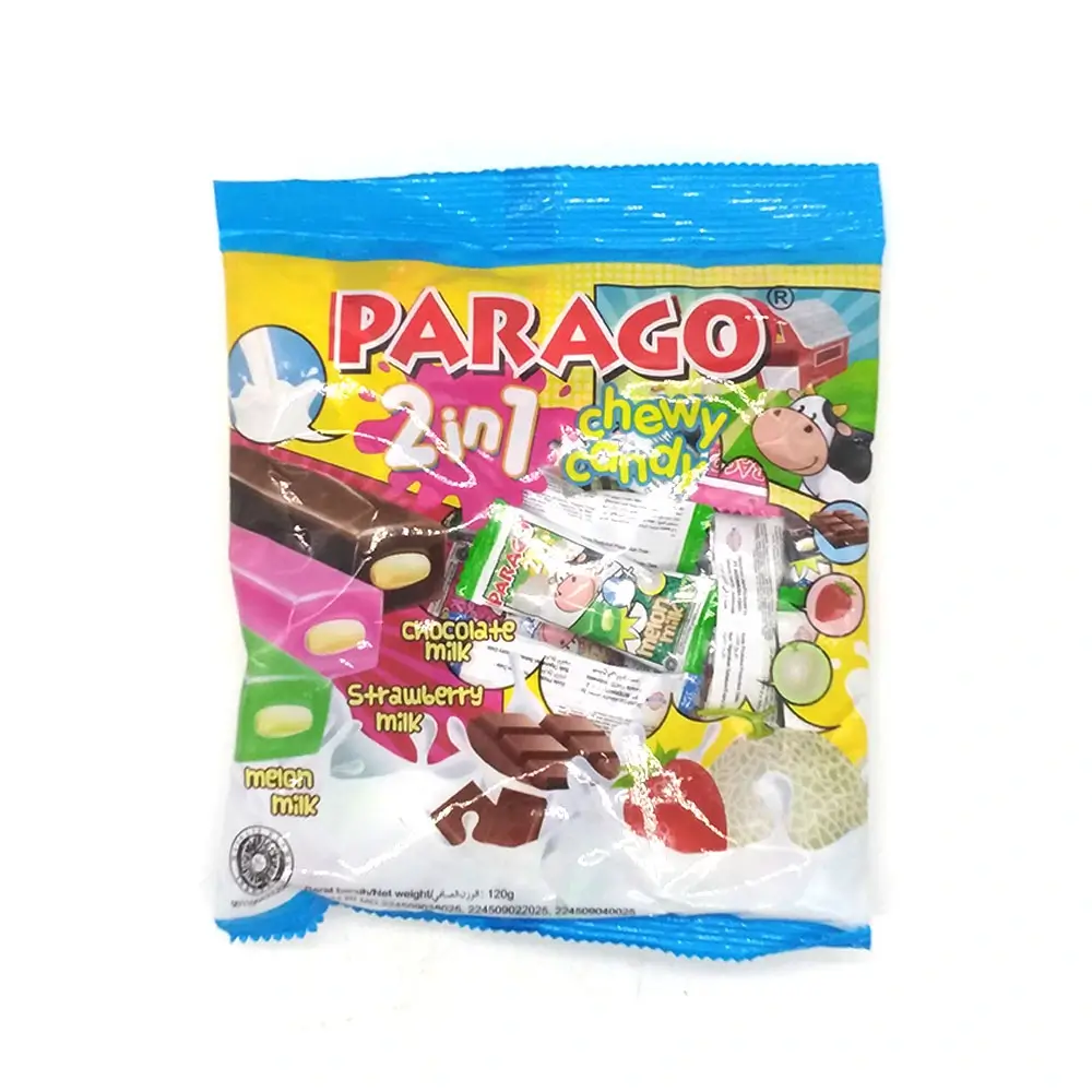 Parago chewy candy 2-in-1 mix featuring chocolate milk, strawberry milk and melon milk flavors