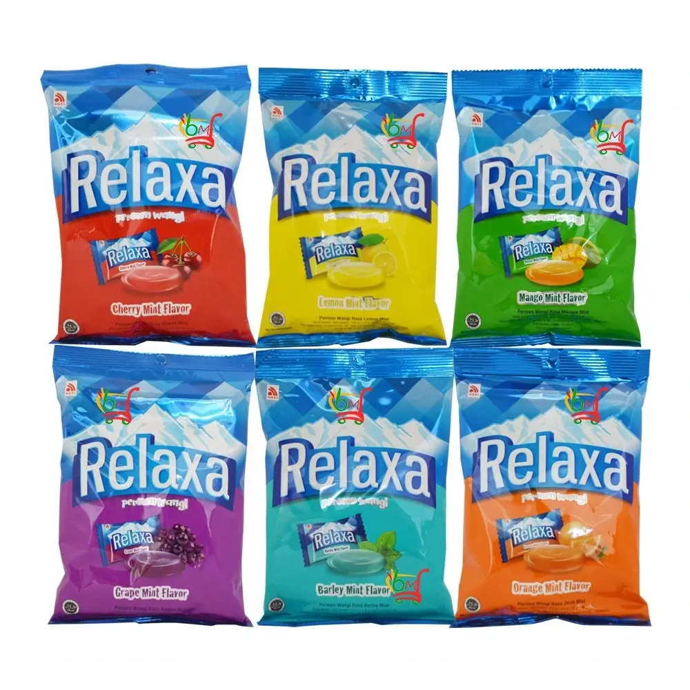 Relaxa mint candy six flavor varieties cherry, lemon, mango, grape, barley and orange in blue packaging