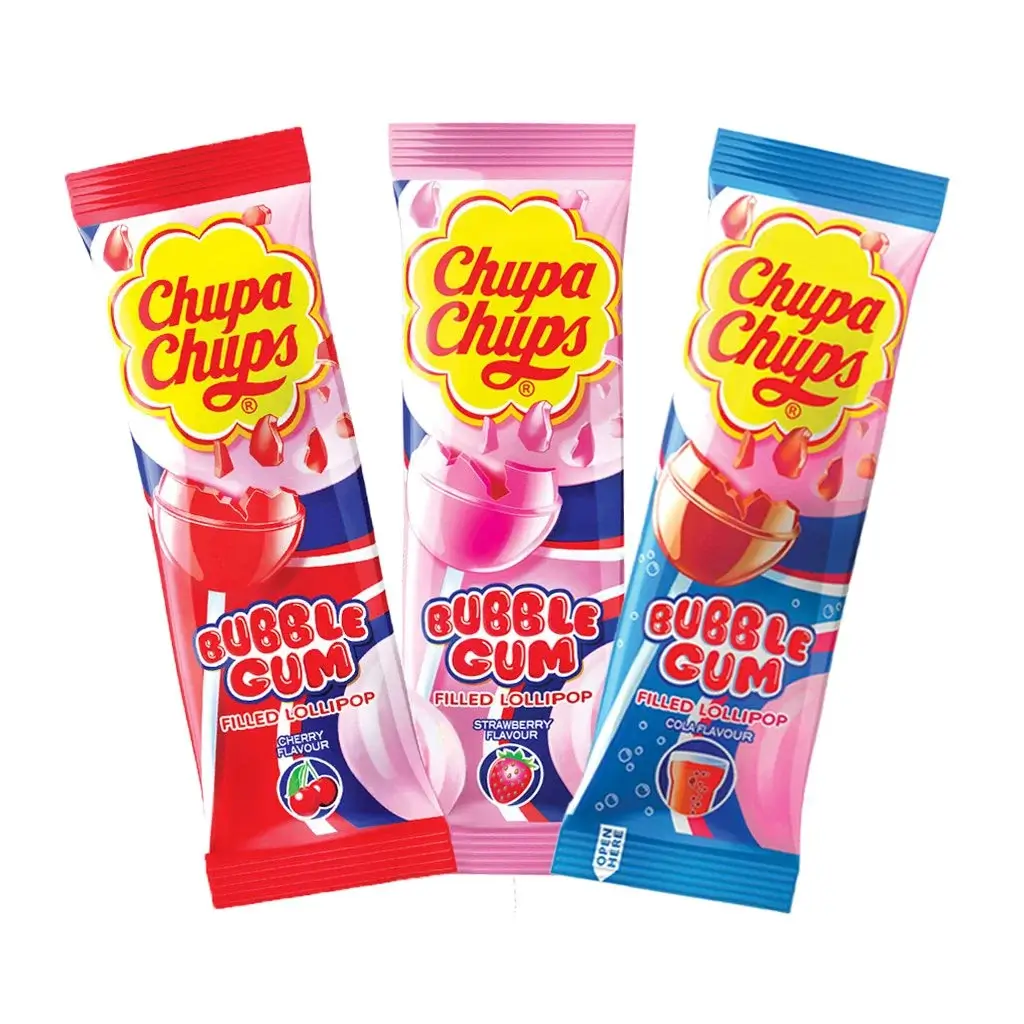 Chupa Chups bubble gum filled lollipops three flavors cherry, strawberry and cola in colorful packaging