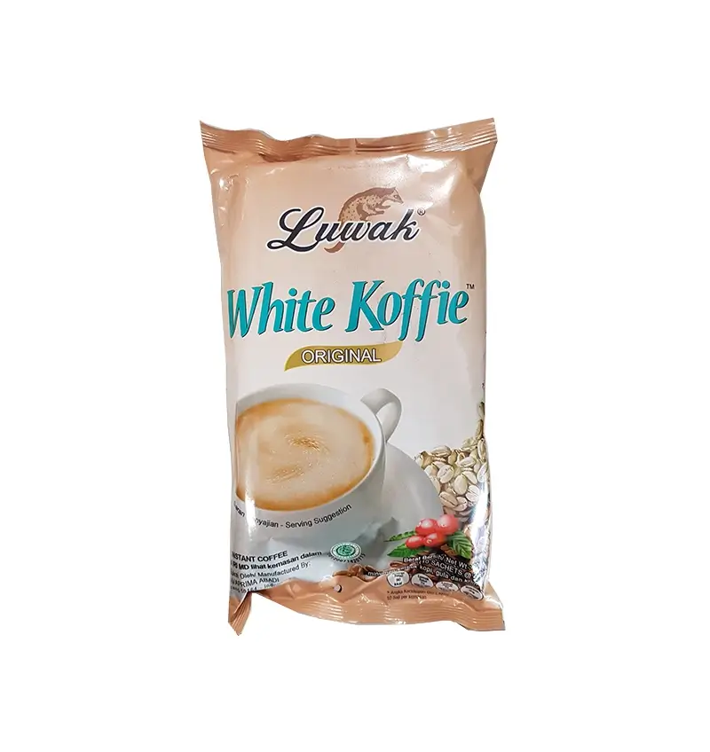Luwak brand White Koffie original instant coffee beverage mix in brown packaging