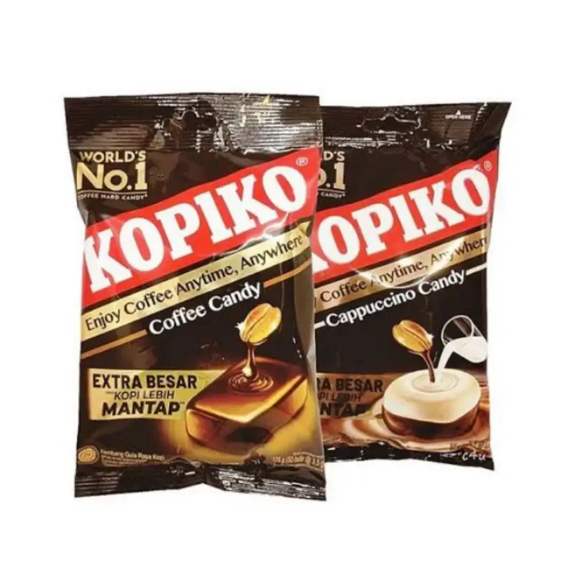Kopiko brand coffee flavored candy extra large size for original and cappuccino varieties.