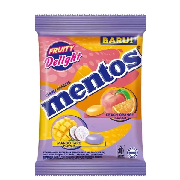 Mentos Fruity Delight candy featuring peach orange and mango taro flavors with colorful fruit graphics in purple packaging.