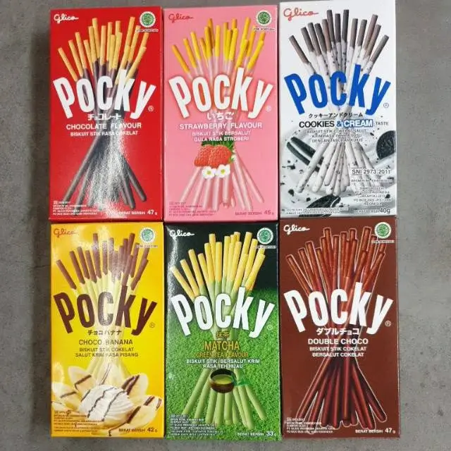 Glico Pocky biscuit sticks variety pack with six flavors chocolate, strawberry, cookies & cream, banana and matcha.
