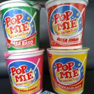 Pop Mie instant cup noodles in multiple flavors rasa baso, ayam, kari ayam and ayam bawang instant noodles variety