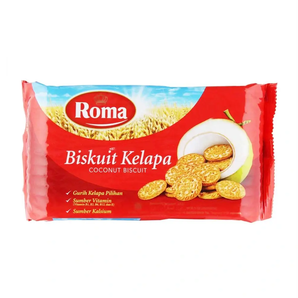 Roma brand coconut biscuits package featuring wheat field design and nutritional benefits.