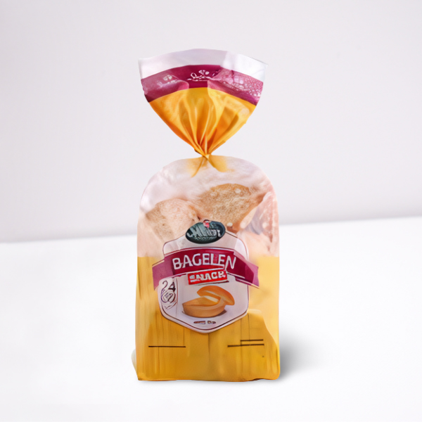 Sharon Bagelen butter traditional Indonesian bread in clear plastic packaging with purple and yellow design elements.