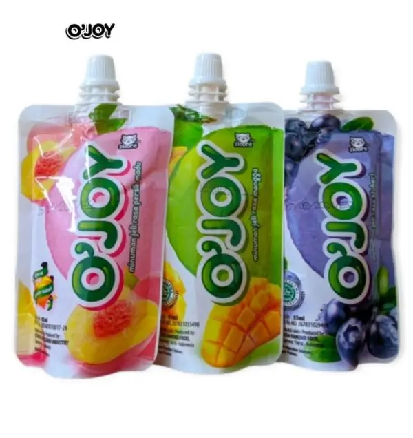 O-Joy fruit juice drinks in pouches featuring peach mango grape flavors with colorful packaging design